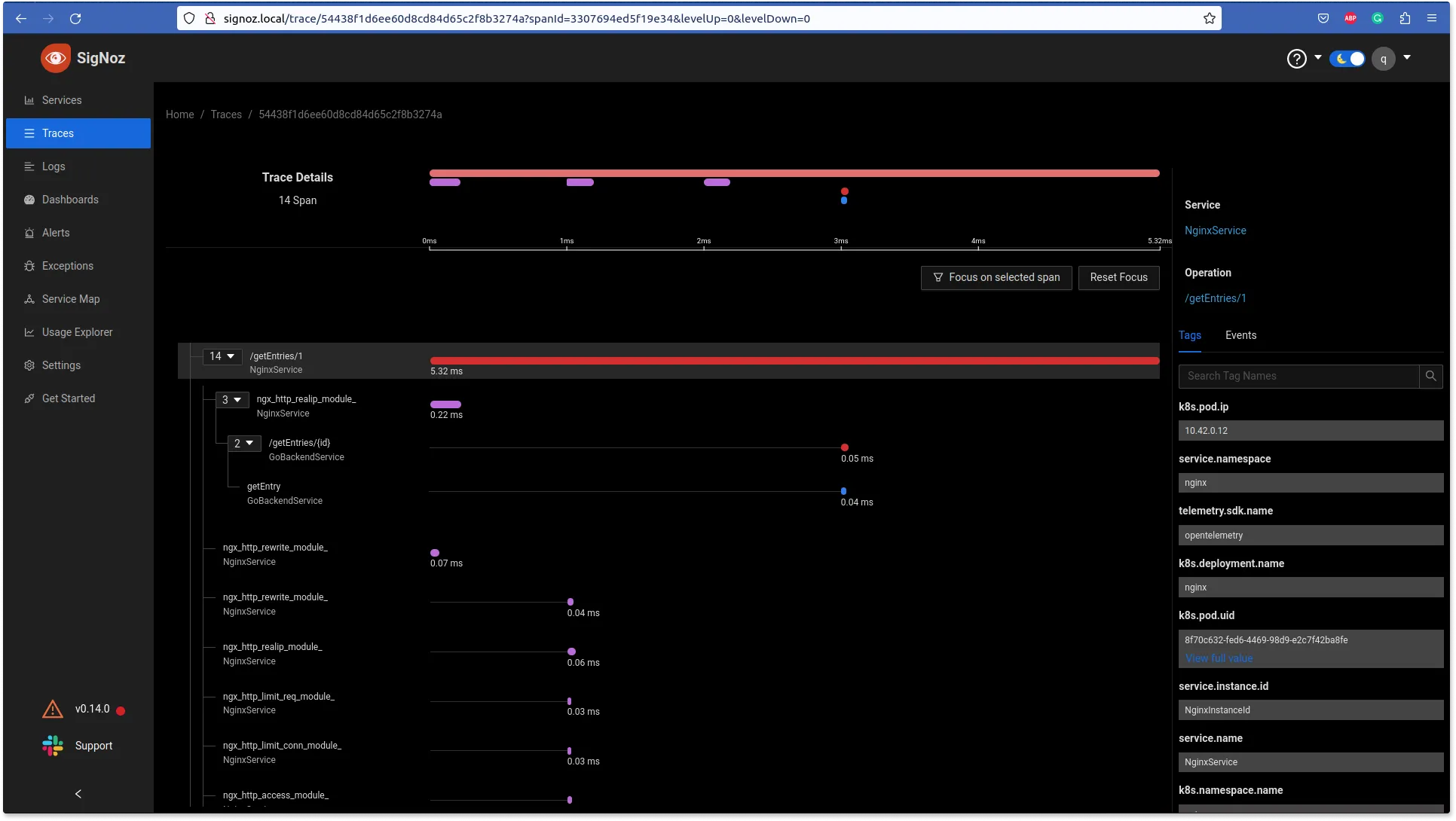 Traces on SigNoz dashboard