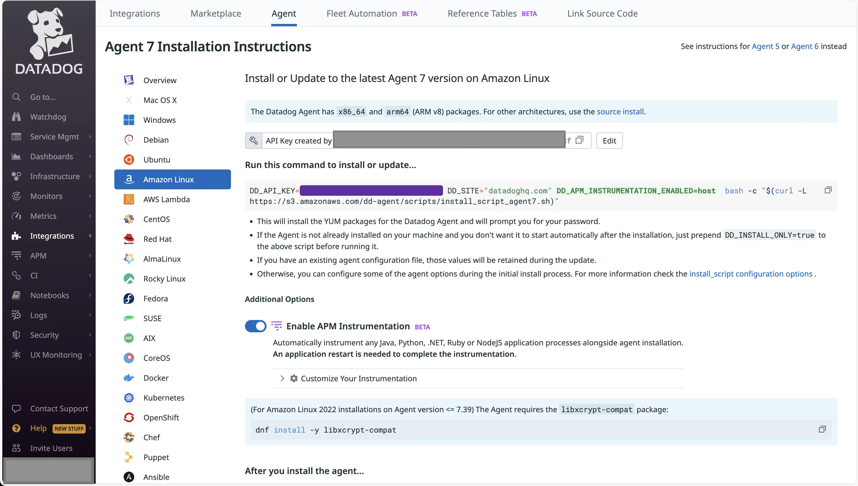 Datadog has easy to follow instructions for setting up the agent