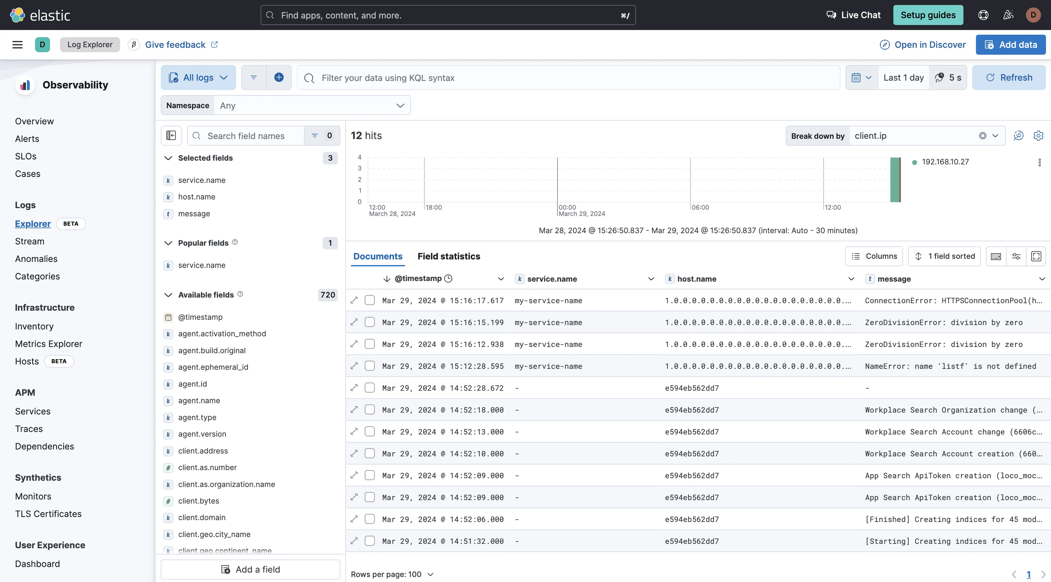 Log management in the Log Explorer tab in Elastic Stack