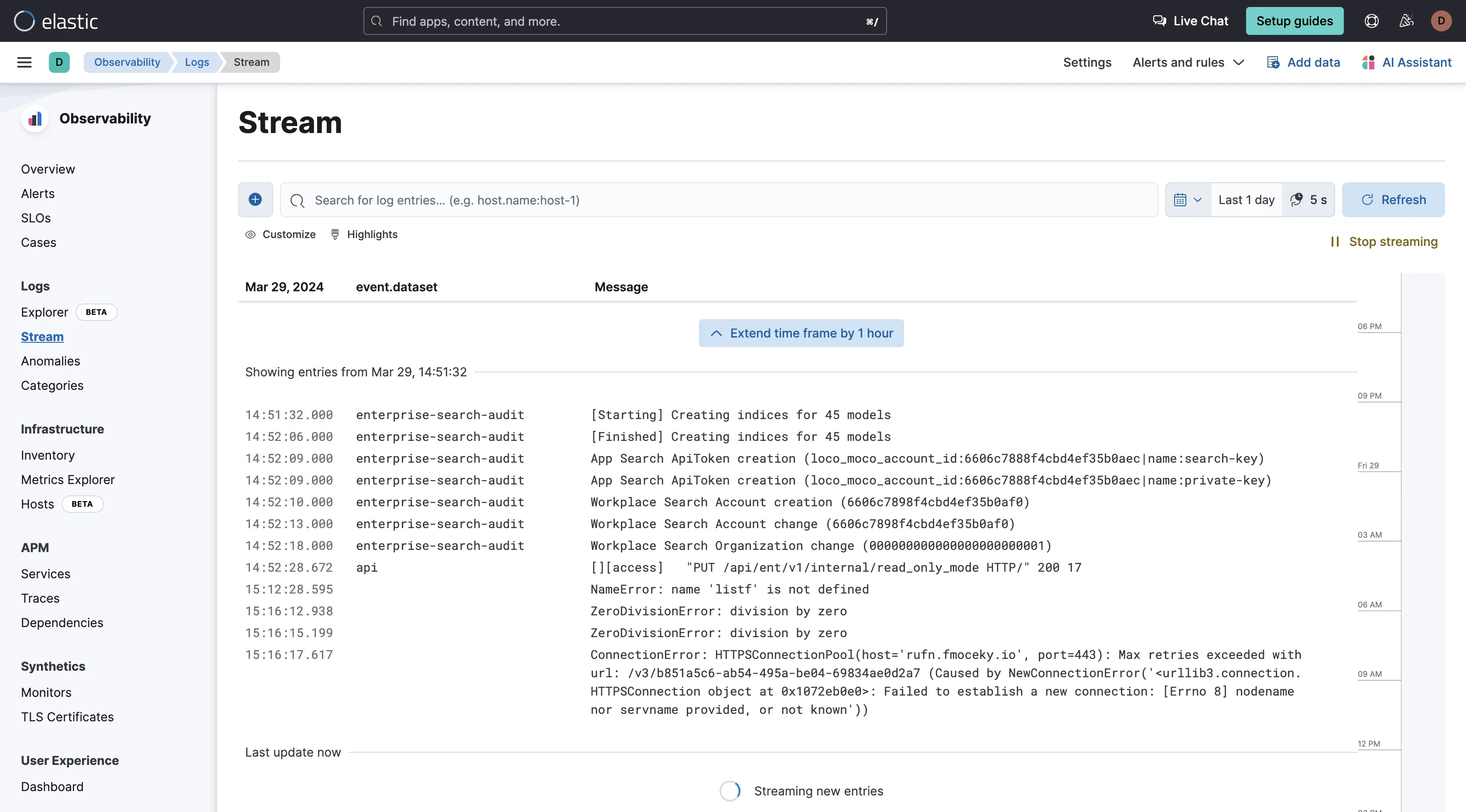 Streaming logs in real-time in Elastic Stack