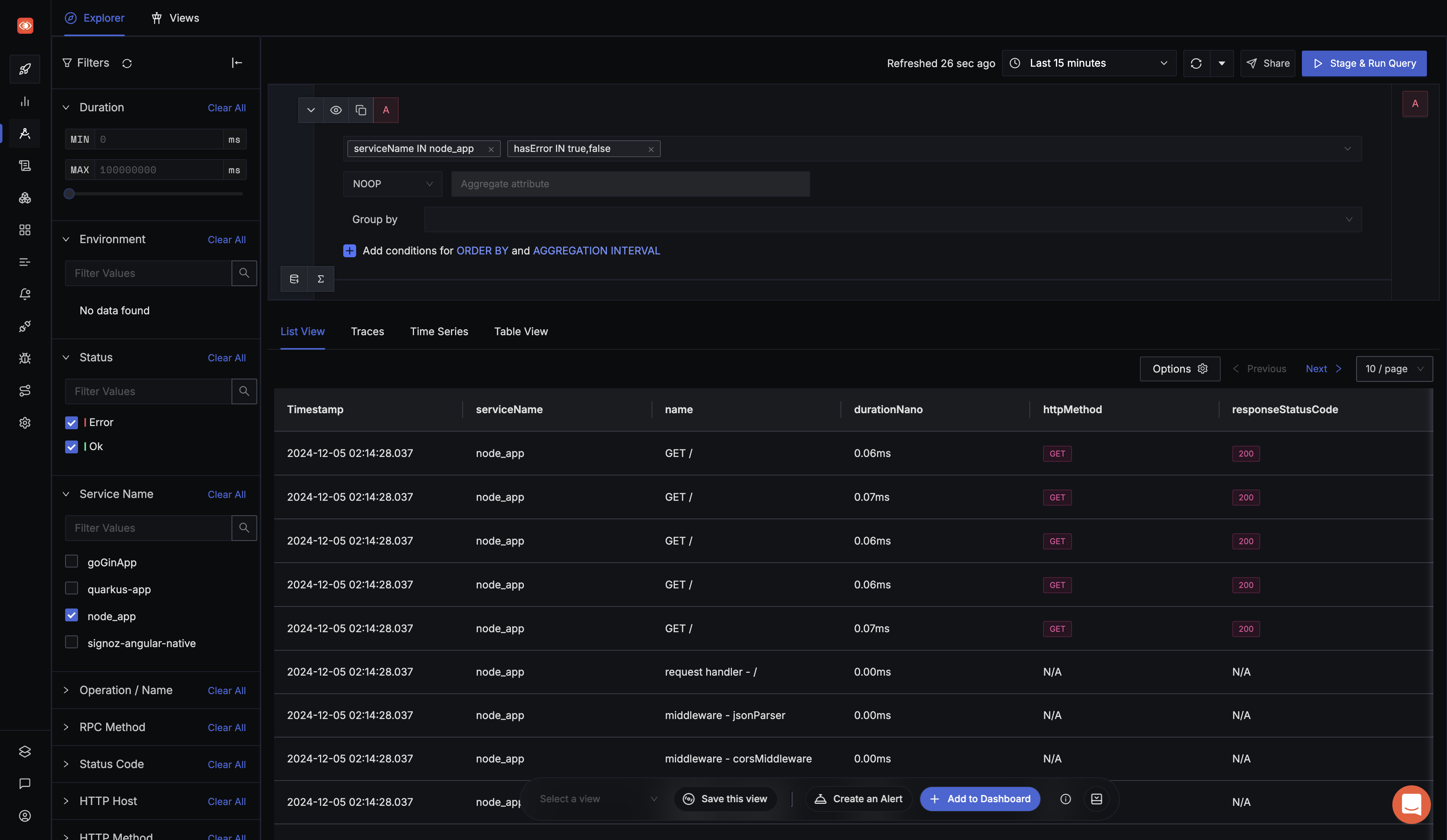 SigNoz trace tab