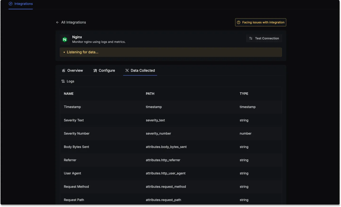 Log attributes for Nginx